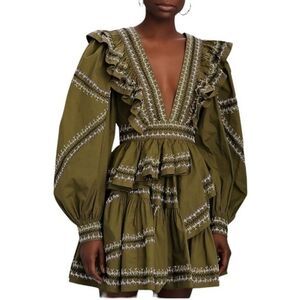 NWT Ulla Johnson Anais Ruffle V-Neck Mini Dress in Olive Green Women’s Size 8